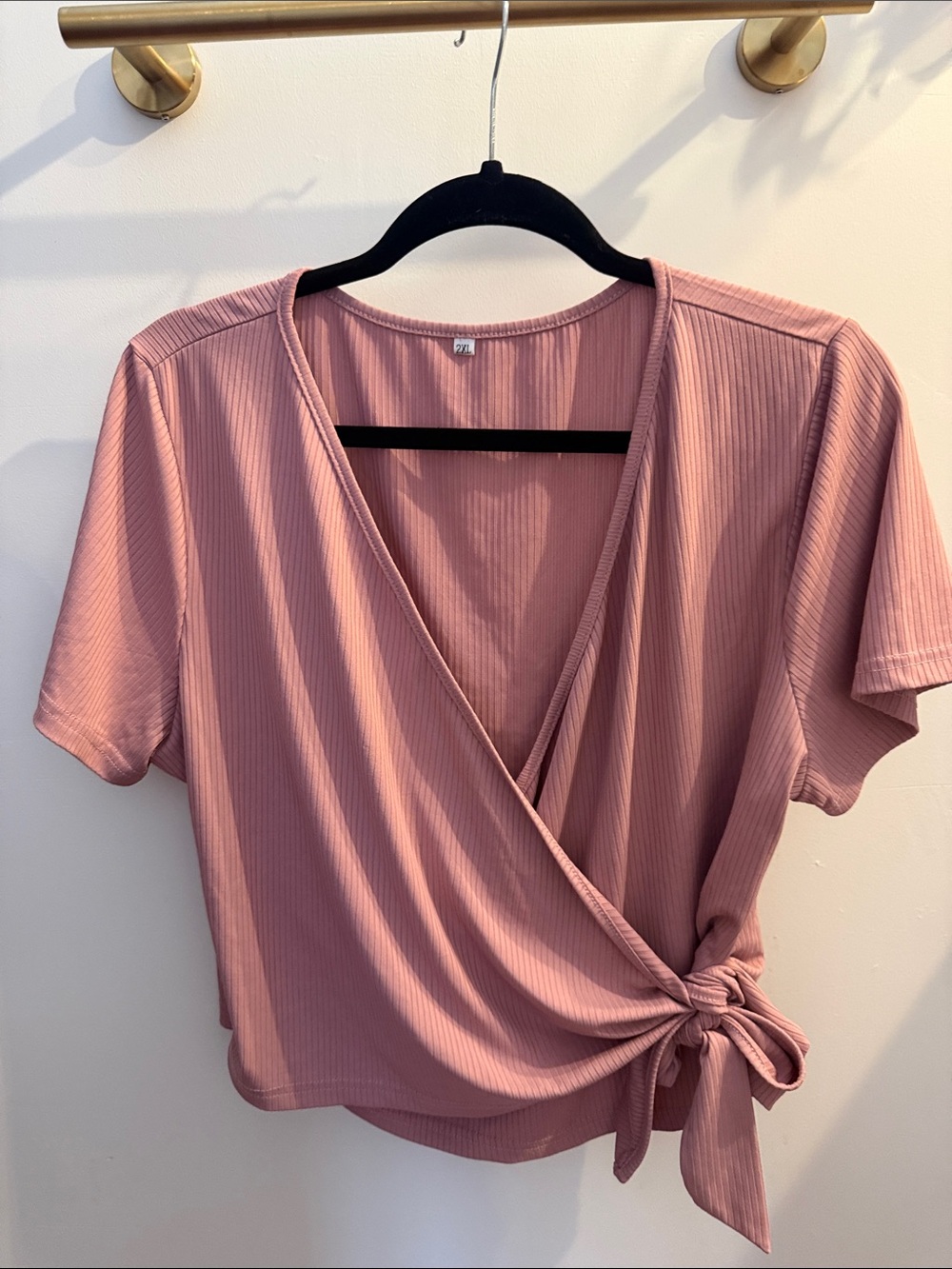 Ribbed Wrap Tie-Front Top in Dusty Rose